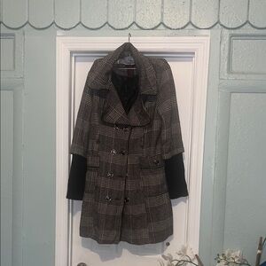 New Look Black and Gray Plaid Trench Coat